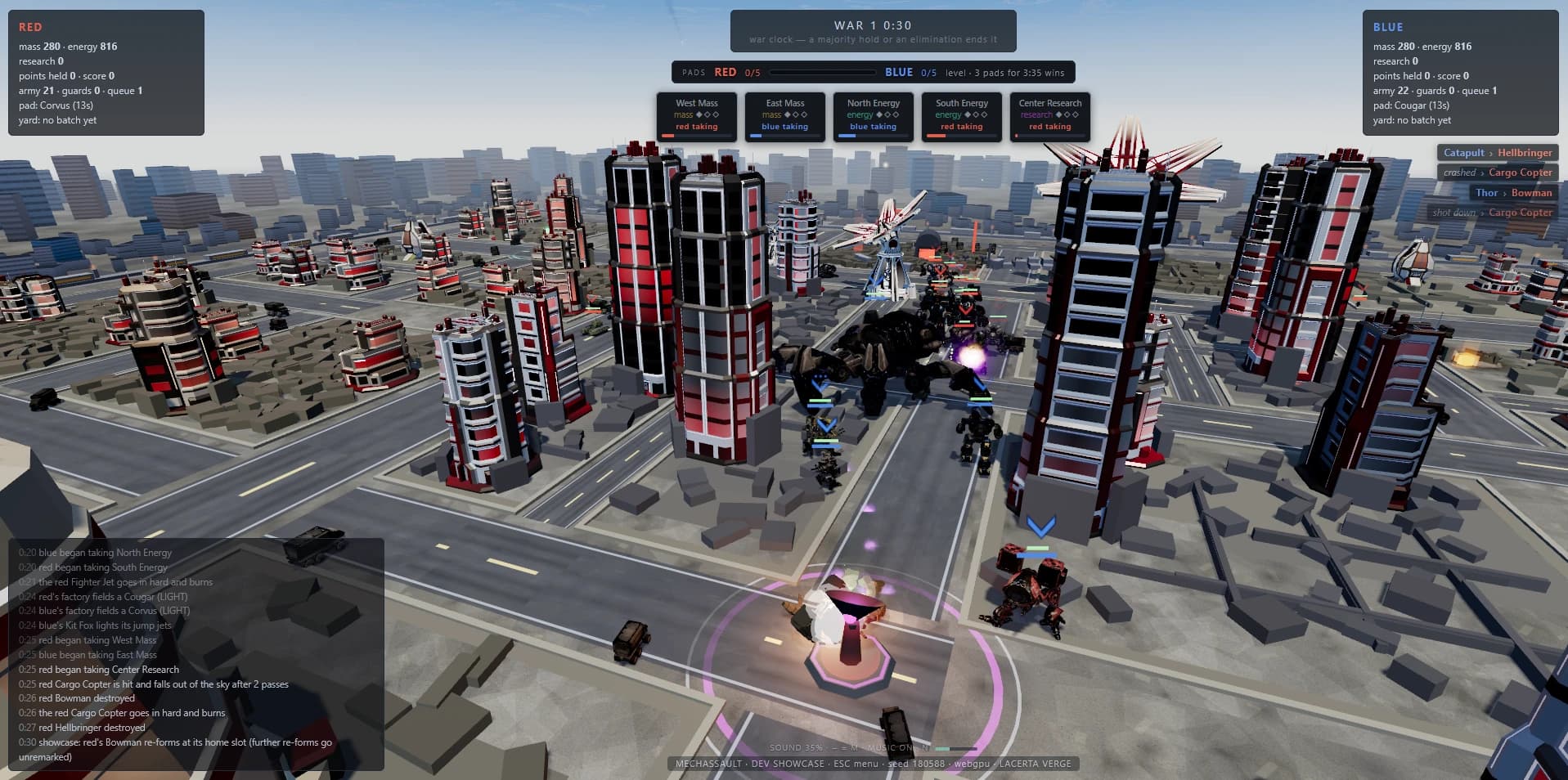 An overhead view of a generated city: red and black towers, roads, rubble fields, and capture points, with both armies' HUD panels across the top