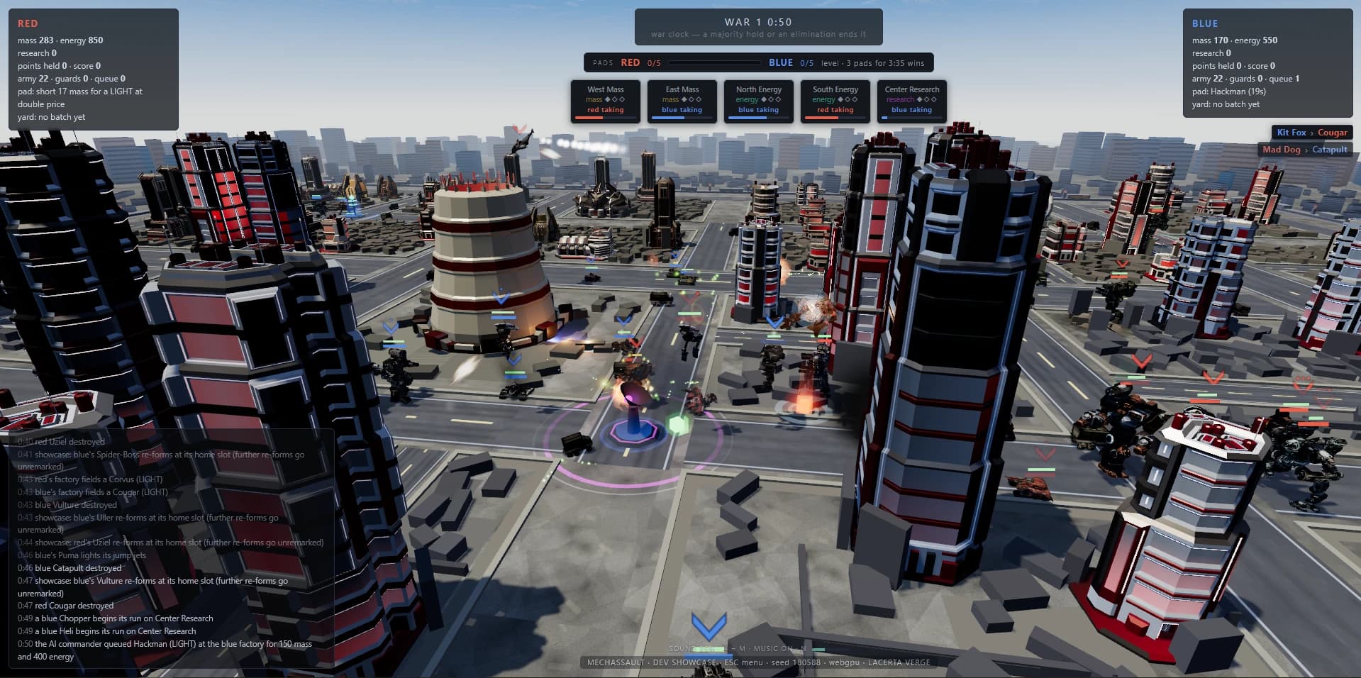 Another angle on the generated city, showing a large striped cylindrical building, towers, and mechs fighting near a capture pad