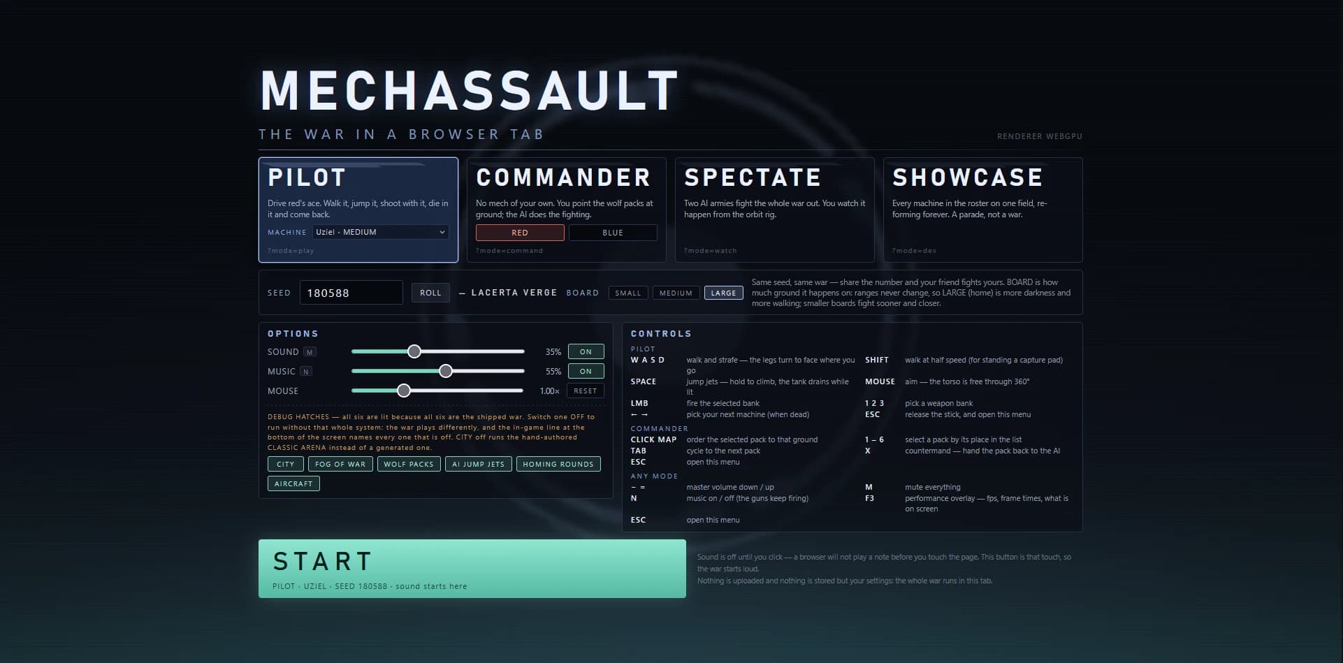 The MechAssault v1 main menu, with four mode cards (Pilot, Commander, Spectate, Showcase), a seed and board-size row, options and debug toggles, a controls reference, and a large Start button