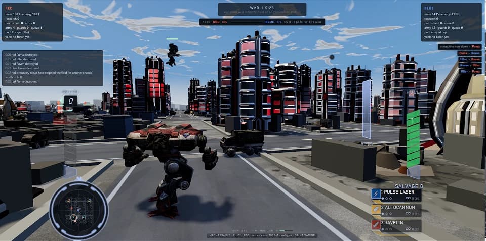 Pilot mode in third person: the player's mech on a city street, with a radar minimap, speed and hull gauges, and a weapon list of pulse laser, autocannon and javelin