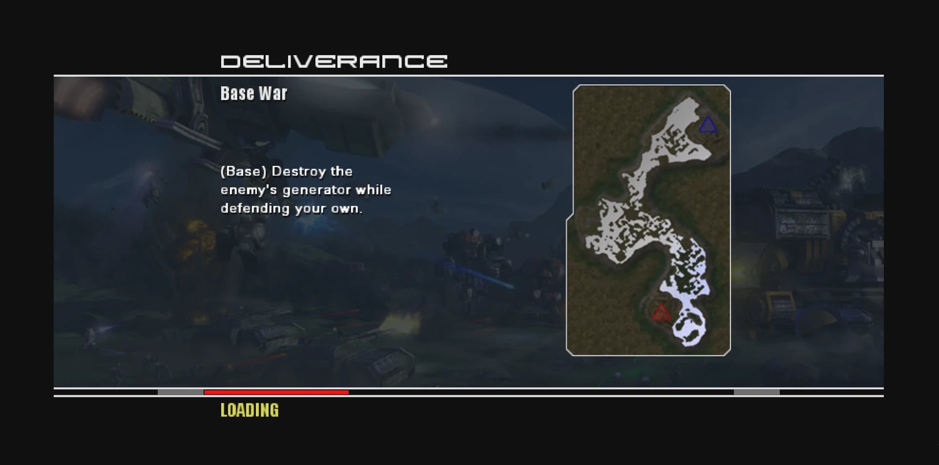 The Deliverance loading screen: a Base War briefing reading 'Destroy the enemy's generator while defending your own', with the map and both team bases marked