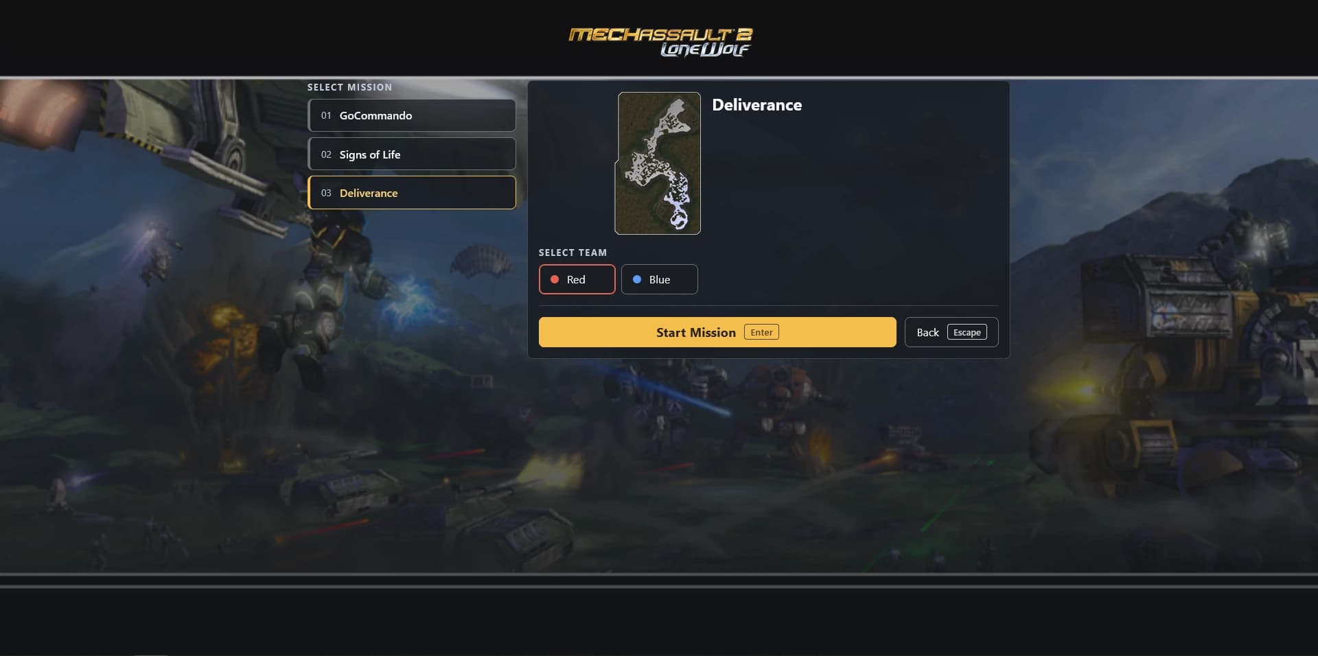 The mission select screen listing GoCommando, Signs of Life and Deliverance, with a Deliverance map preview, Red and Blue team buttons, and a Start Mission button