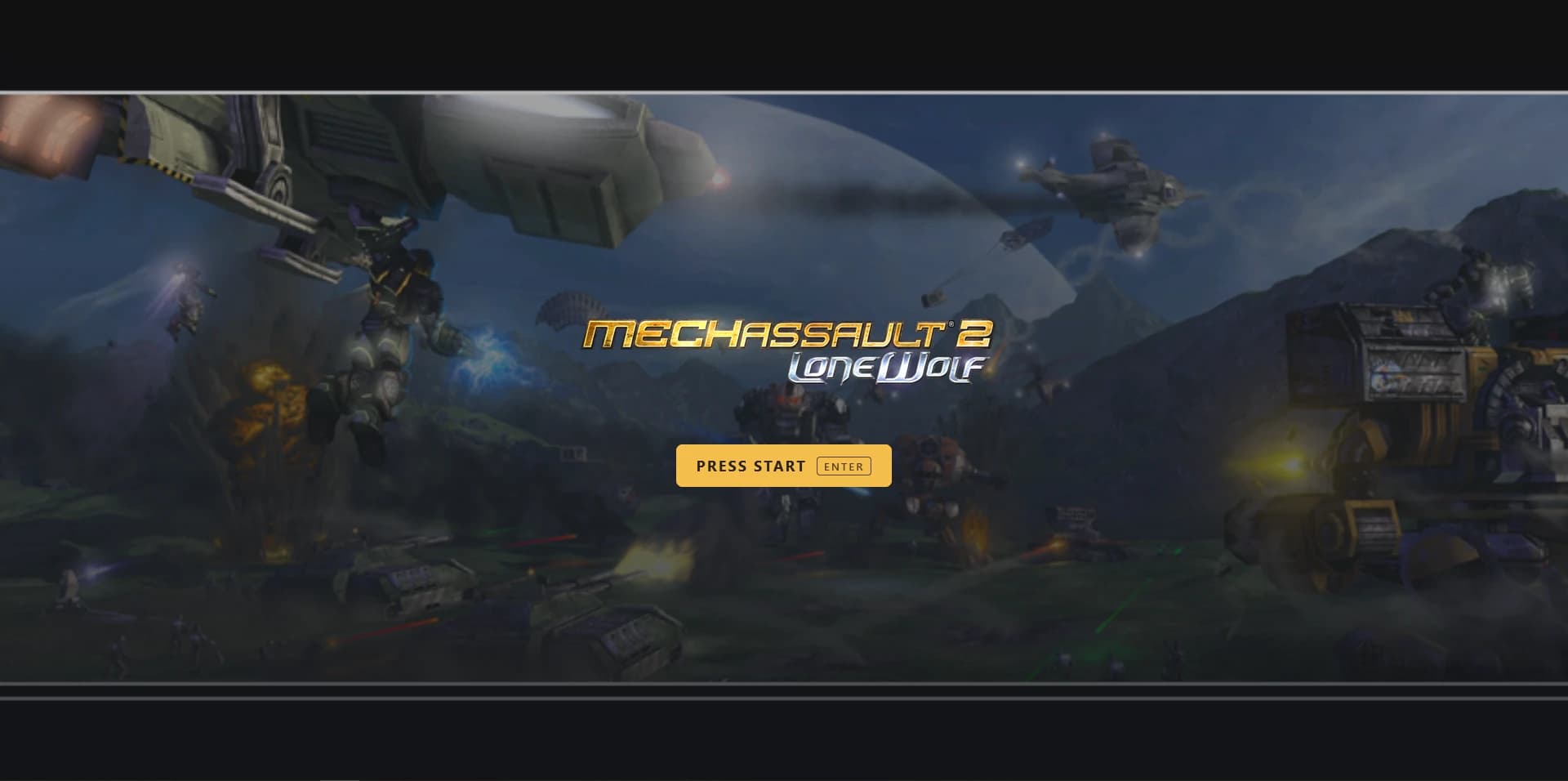 The MechAssault 2: Lone Wolf title screen running in the browser, with key art behind the logo and a Press Start button