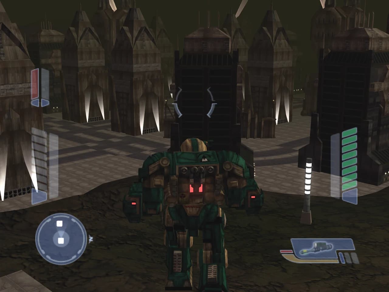 An Atlas seen from behind at the edge of RushHour, looking out over a city of dark spired towers lit from below, with the HUD's gauges, radar and weapon card around it